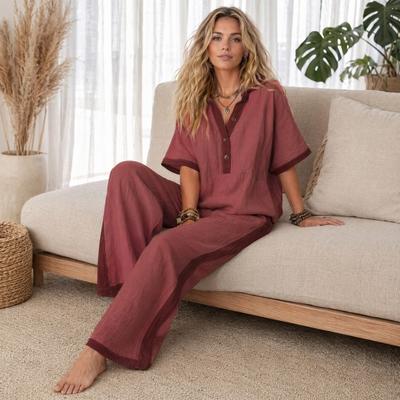 Dames Katoen Linnen Set, Zomer V-hals Losse Pasvorm & Elastische Taille Palazzo Broek 2-delige Outfit, Casual Comfortabele Top en Wijde Pijpen Broek voor Thuis