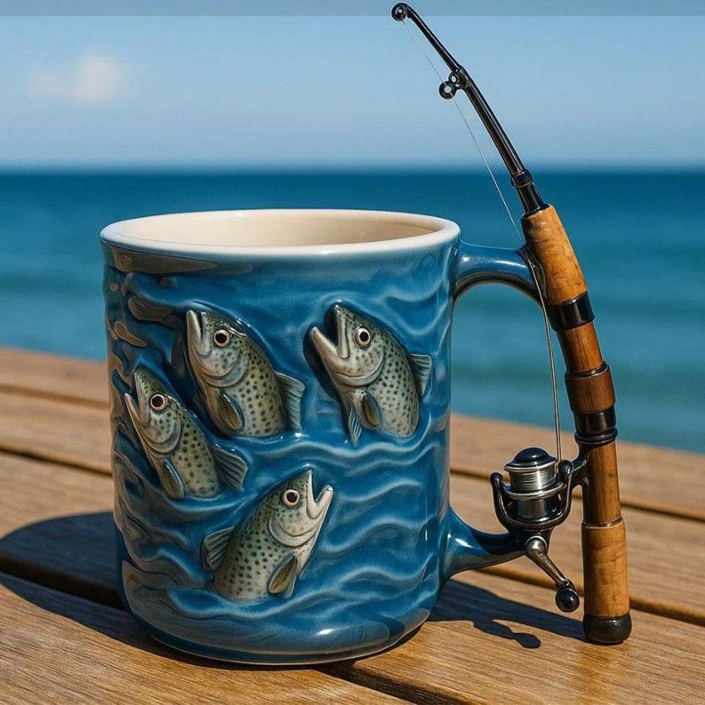 Rod & Reel Design Fishing Coffee Mug Grip Handle Fishing Theme Cup Funny Fishing Mug  Water Cup