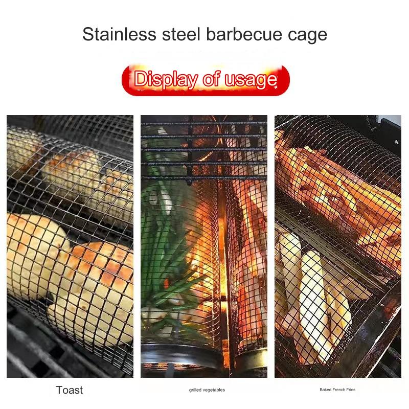 BBQ Cage Grillrör Rostfritt stål Rullande grillkorg Rund Grillrulle Grillmesh Utomhusgrilltillbehör