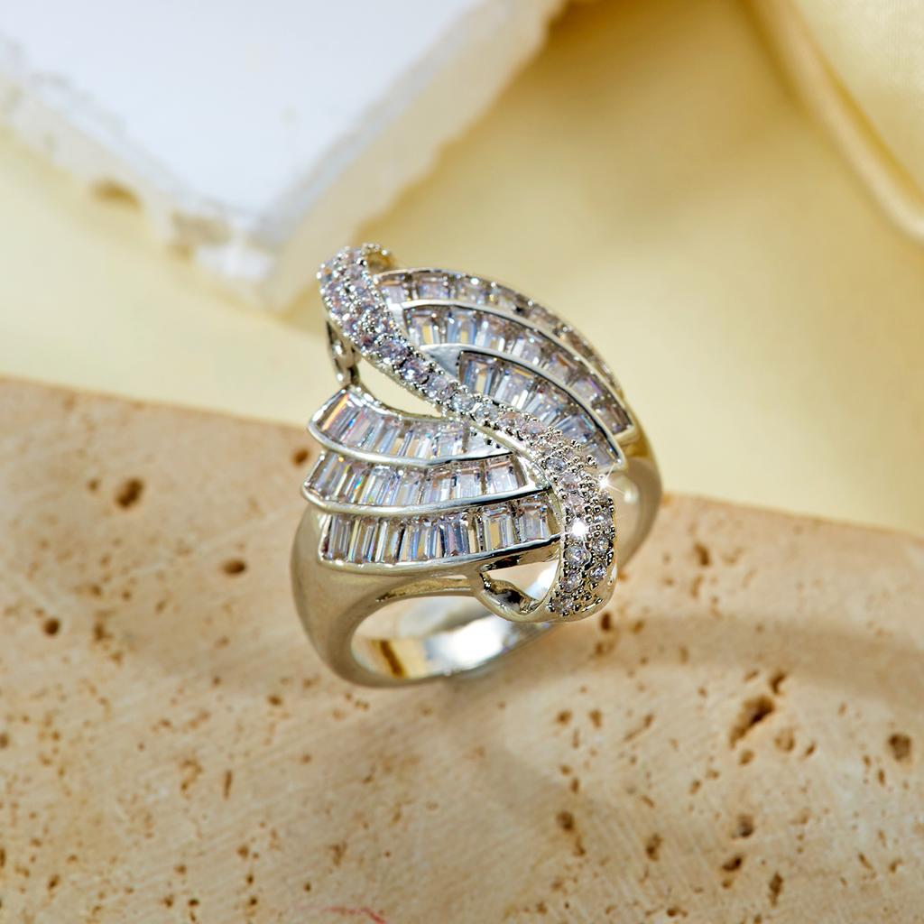Bold Geometric Asymmetric Cubic Zirconia Copper Ring for Women Modern Abstract Edgy Statement Finger Jewelry