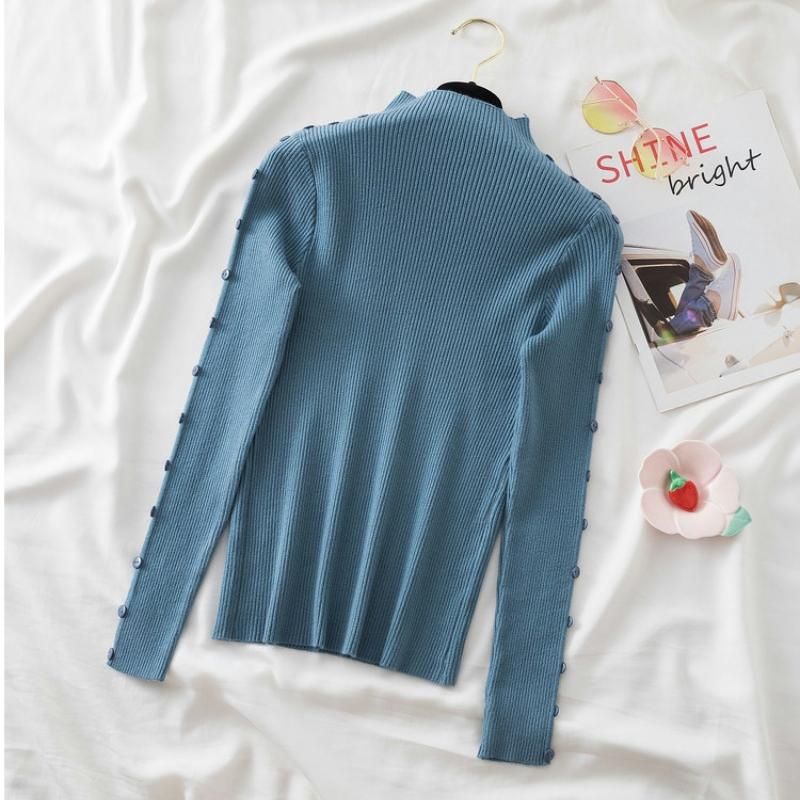 Autumn Winter Casual Slim Warm Base Women's Knitted Sweaters Half High Collar Buttons Pullovers Sweater Woman Fashion Thin Long Sleeve Jumper 25481