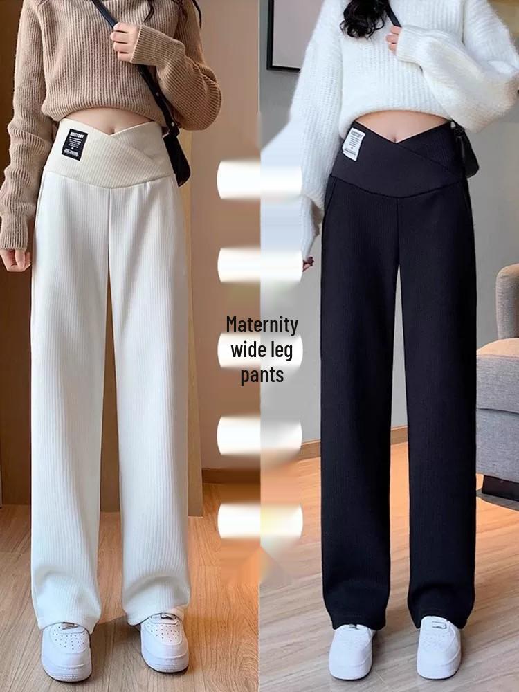 2025 Plus Velvet Maternity Wide-Leg Pants - Spring/Autumn, Belly-Friendly, Straight Leg, Casual Long Winter Style