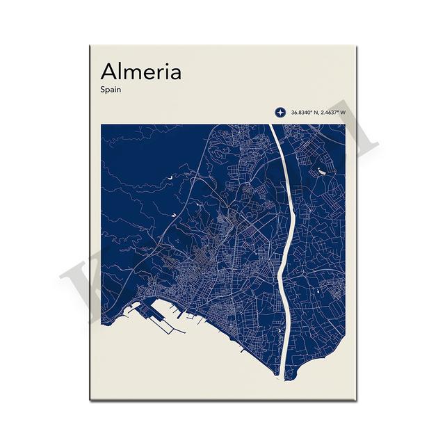 Barcelona. Seville. Bilbao. Madrid. Almeria. Spain City Color Map. Wall Art. Poster