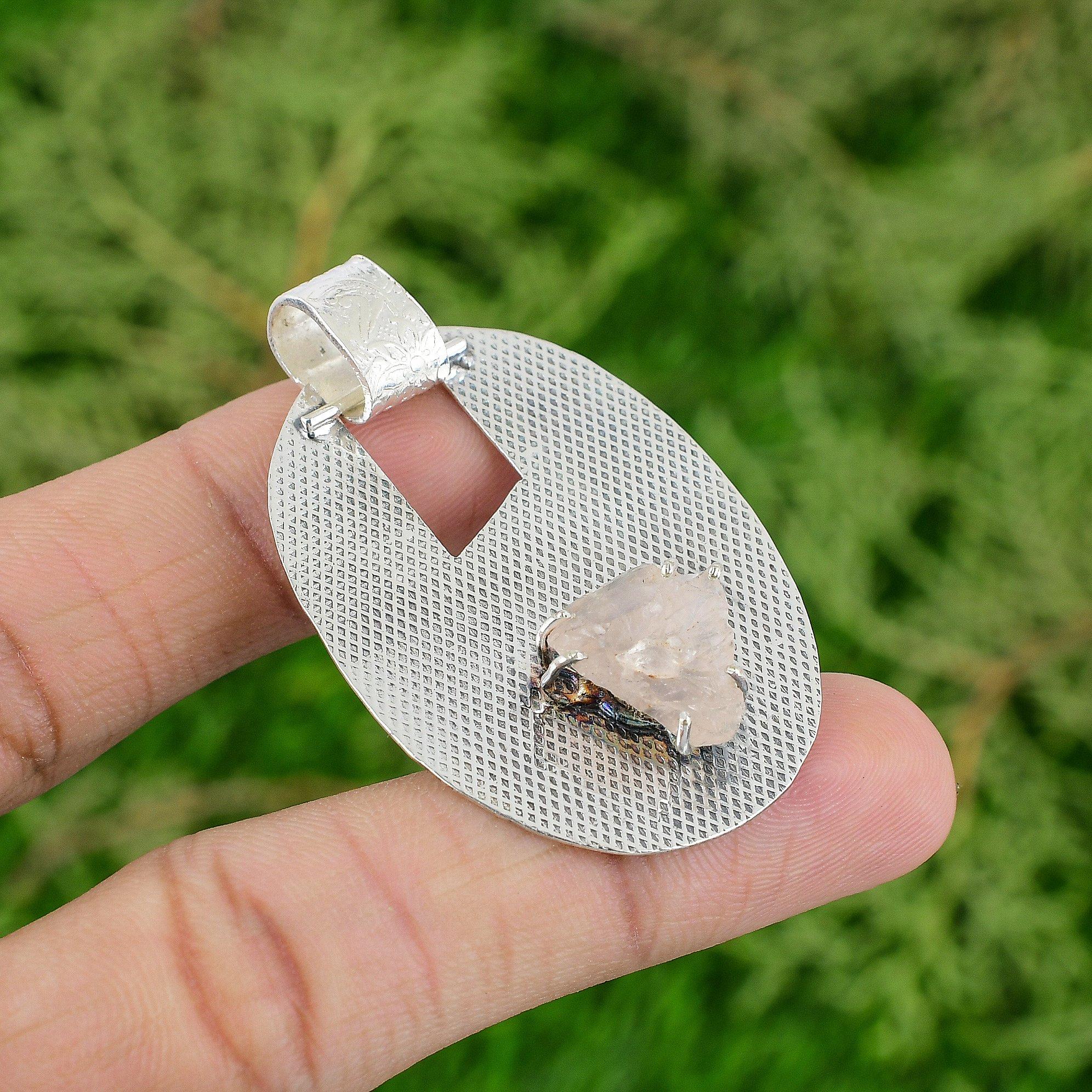 

Octagon Rose Quartz Rough Stone Heart Chakra Boho Unique Pendant Sterling Silver
