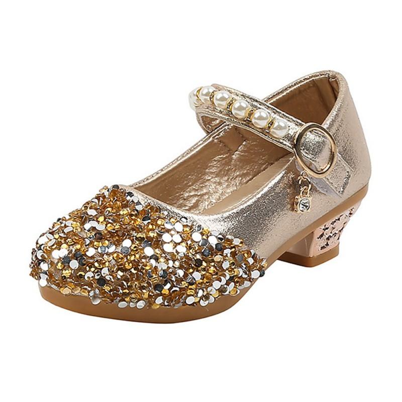 

Kids Girls Sequin High Heeled Shoes Elegant Pearl Princess Shoes 25