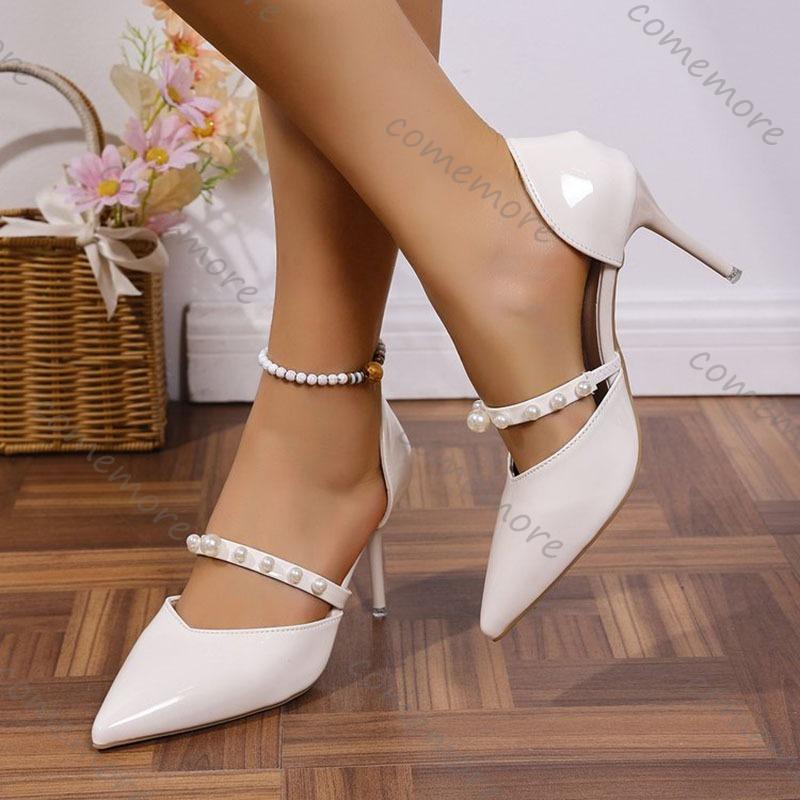 Fashion Comemore Pearl Decor High Heel Pumps Women Pointed Toe Stiletto Heel Banquet Party Shoe Woman Elegant Patent Leather Heels Women
