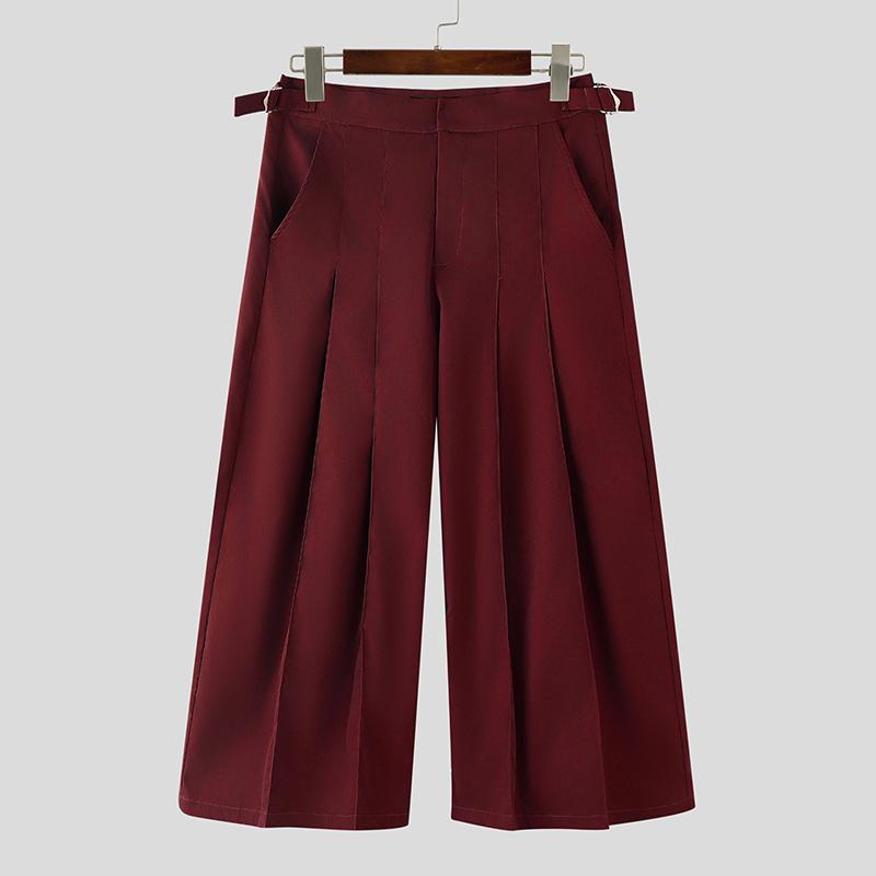 

INCERUN Men Casual Zip-up High Waist Long Pleating Wide Legs Pants Trousers 5XL вино красного