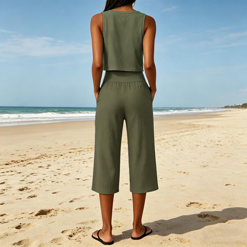 Women's Fashionable Casual Round-Neck Sleeveless Two-Piece Set
