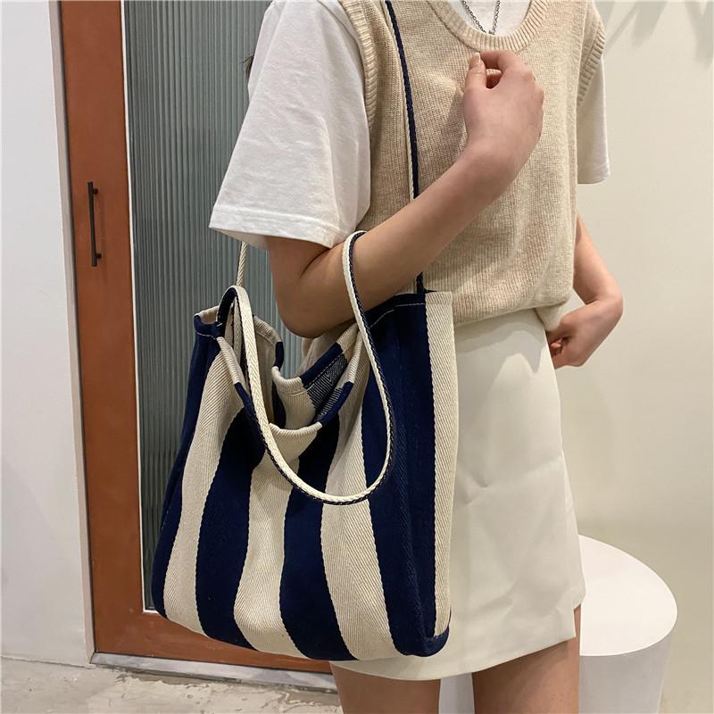 Stylish Urban Stripe Canvas Tote Bag Large Capacity Summer Shoulder Bag For Women 2022
