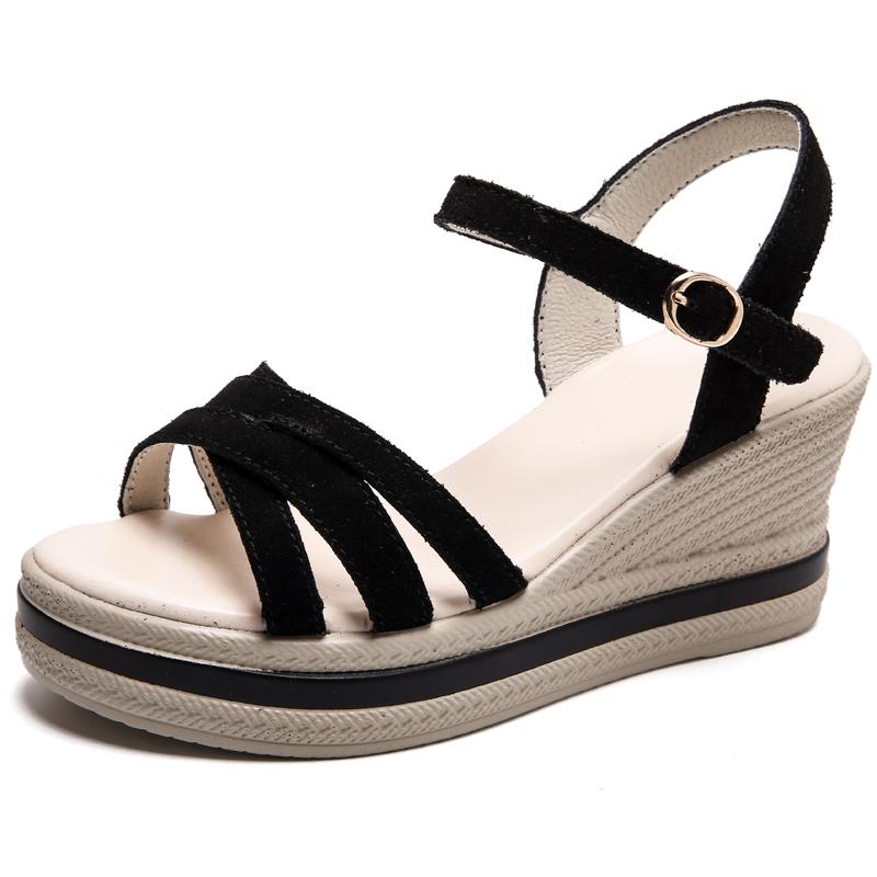 Sandalias de cuña con correa de hebilla de Metal de gamuza a la