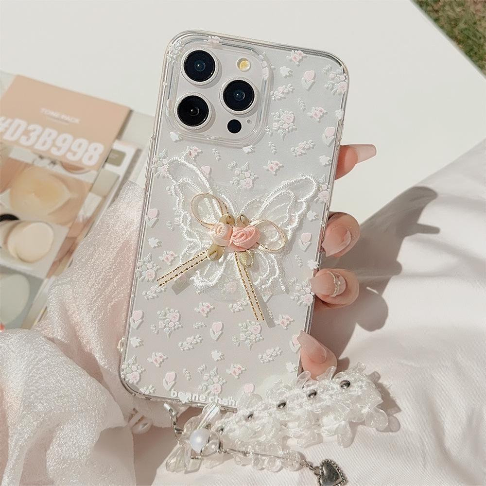 Beautiful Embroidered Butterfly Flower Apple 15 Mobile Phone Case 16 Transparent Iphone13promax Lace Pendant 11 Suitable