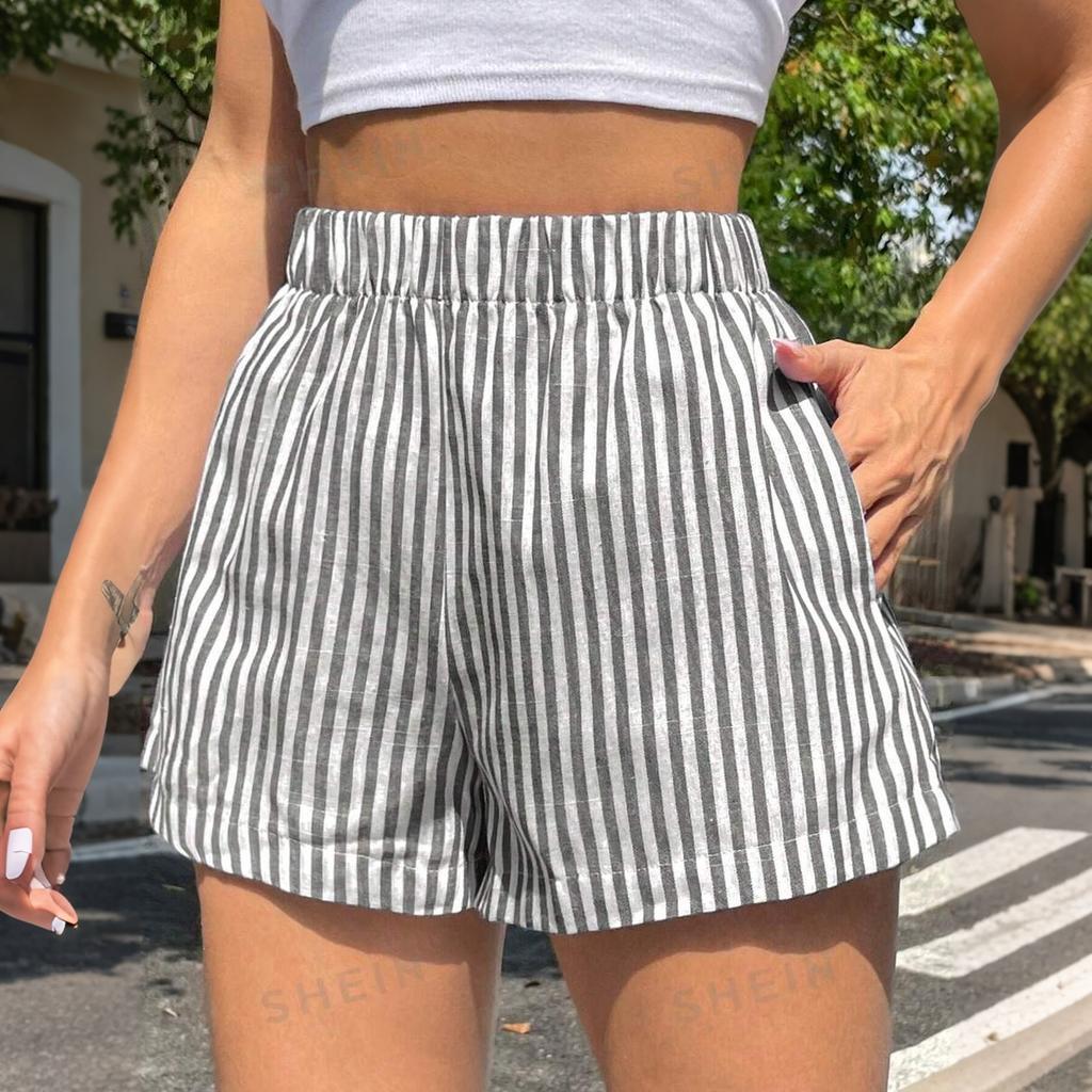 Damen Baumwollshorts Gestreift Elastischer Bund Pyjamahose Lounge Schlafshorts mit Taschen Sommerkleidung