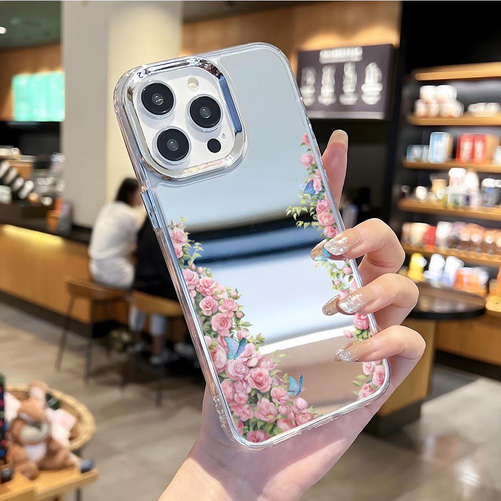 Fresh Pink Rose Apple 16promax Makeup Mirror Mobile Phone Case iPhone17 Makeup Mirror Girls Premium