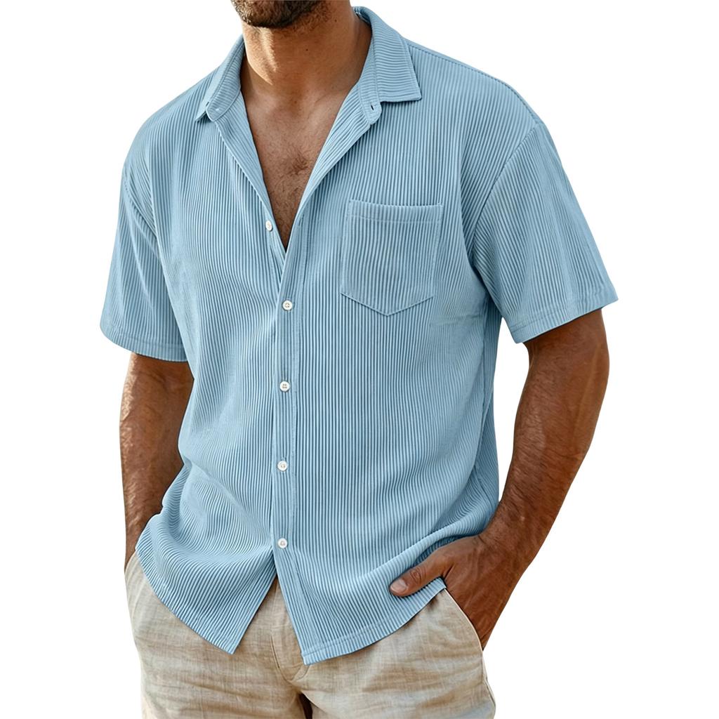 Men Corduroy Shirt Short Sleeve Button Down Casual Loose Fit Collar Pocket Striped Lightweight Summer Shirt
