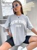 Hirsionsan Oversized T-Shirt mit Buchstaben-Grafik für Damen Sommer 2026 Weiches O-Ausschnitt Kurzarm-T-Shirts Damen Lässig Locker Higt Street Oberteil