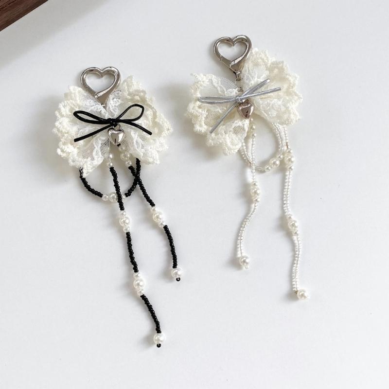 Trendy Silver Heart Pendant Key Holder With Beaded Tassels And Ribbon Bowknot Handmade Keychain For Girls Gift