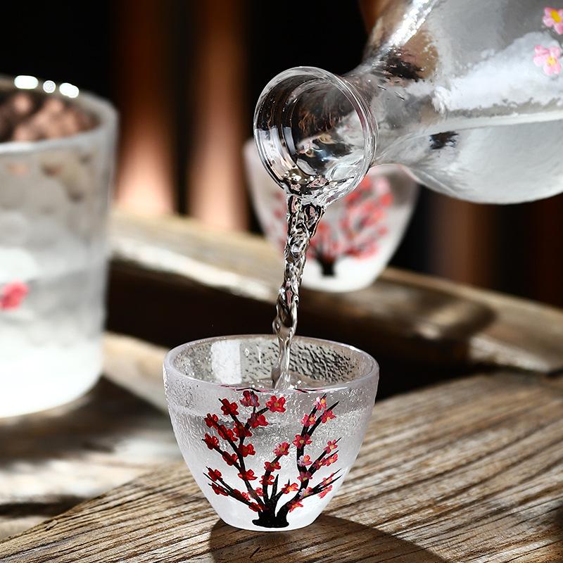 Cherry Blossom & Plum Glass Sake Set: Hand-Painted Pot & Cups