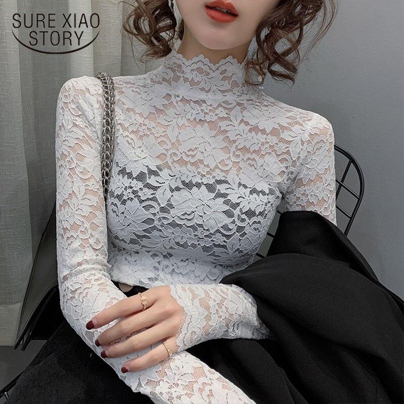 Buy Sexy Turtleneck Lace Blouse Long Sleeve Shirt Women See