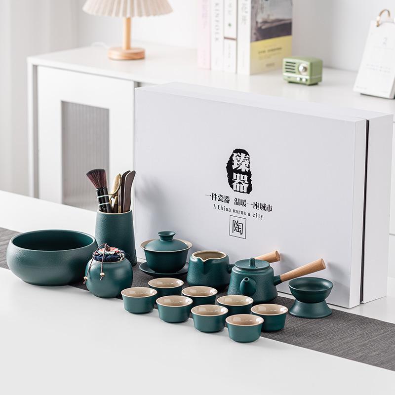 High-end Black Pottery Kung Fu Tea Set Home Living Room Simple Ceramic Dry Brew Tea Tray Light Luxury Modern Large Set Gift Box