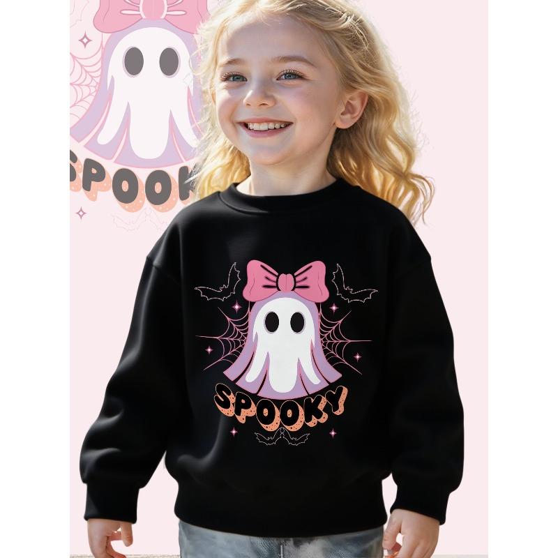 Girls' Pastel Gothic & Bow Print Sweatshirt - Pink Bow & Bat-Wing Spooky Charm Design, Soft Loose-Fit Long Sleeve Pullover, Cozy Fall Winter Outfit