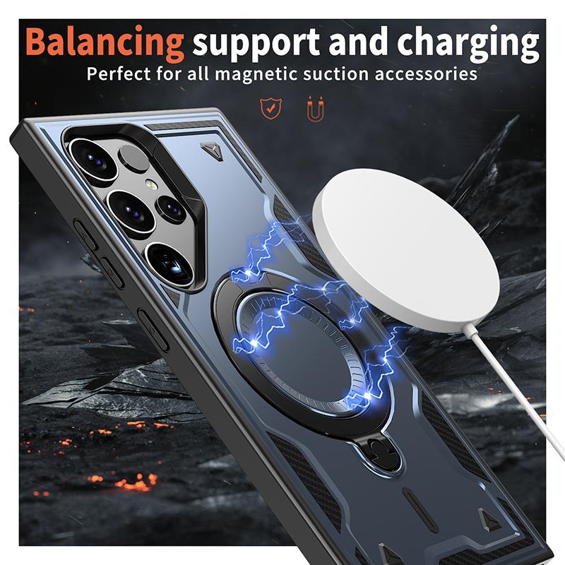 For Magsafe Magnetic 360°Rotat Metal Car Bracket Hard PC+Soft TPU Solid Color Armor Phone Case For Samsung S26 Ultra S26Plus S26