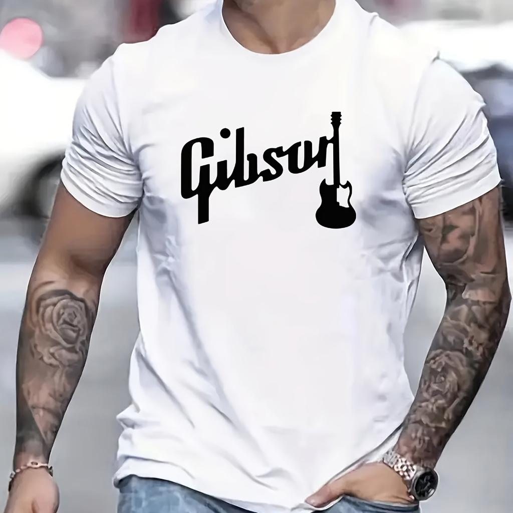 Men's Summer 100% Polyester Fashionable Casual Loose Large Gibson Guitar Printed Sports Round Neck Short Sleeve T-shirt Top