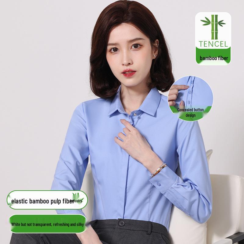 Women's Slim Fit Long Sleeve Bamboo Fiber Anti-Wrinkle White Shirt for Business or Casual Wear
