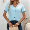 Women's Fashion T-shirt Spring and Summer Casual Blouse Hollow V-neck Button Lace Stitching Trend Ladies T-shirt