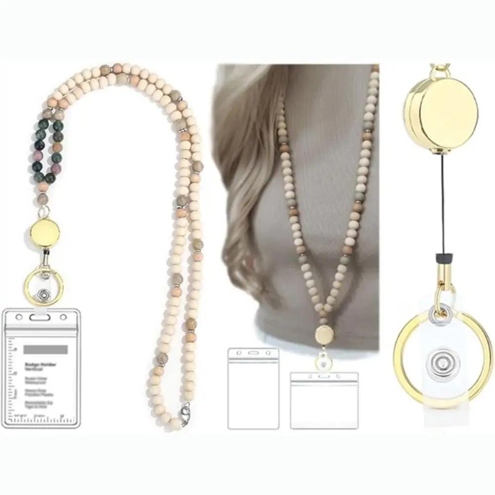 1 Set Fashion Wood Beaded Lanyard with ID Holder Pink Daisy Beads ID Holder Strap with Tassel String for ID Badges Women