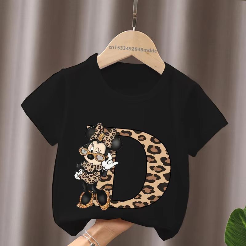 Mouse Leopard Letter A B C Name Print Unisex Women Tops Kids Tshirt Clothes Black Short Sleeve Black T Shirt