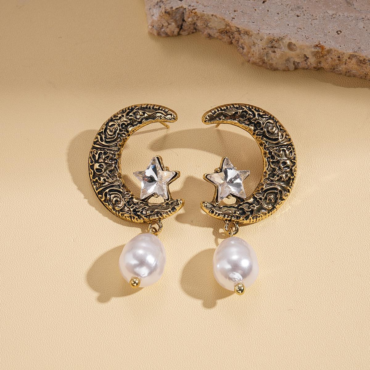 Старые серьги с имитацией бриллианта и жемчуга, луной, звездой, серебряной иглой, персонализированные модные серьги