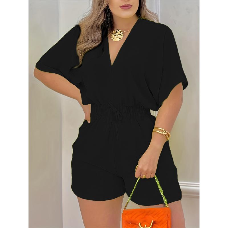 Summer V-Neck Jumpsuit with Drawstring Waist in Multiple Colors Women's casual V-neck jumpsuit; women's casual V-neck romper