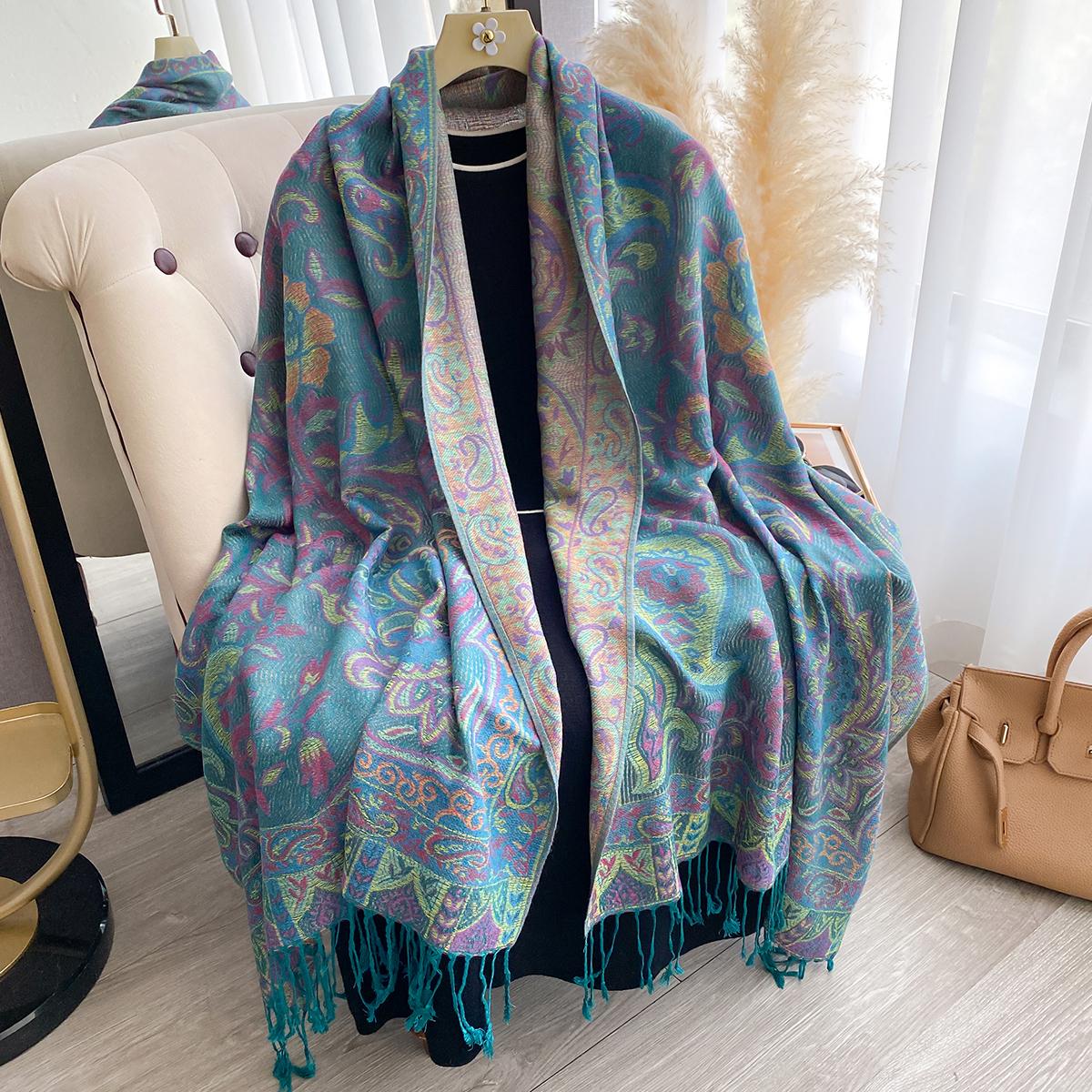 

Fashion Women S Winter Cashmere Shawl - Vintage Oil Painting Floral Printed Tasseled Pashmina Thick Wrap & Echarpe Poncho