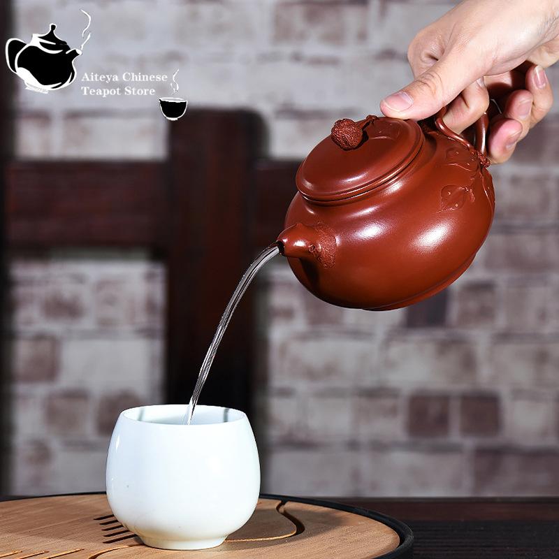 Chinese teapot Yixing Purple Clay Teapot Fully Handmade Dahongpao Pasted Flower Chayote Pot Kung Fu Tea Set Teapot 320ml