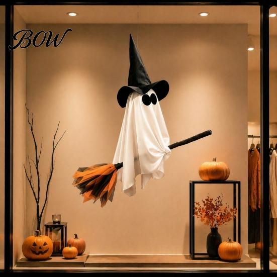 Indoor Haunted House Ceiling Decor Halloween Ghost Witch Broom Hanging Ornament, Spooky Hat Theme Room Layout Pendants for Outdoor Party Decoration