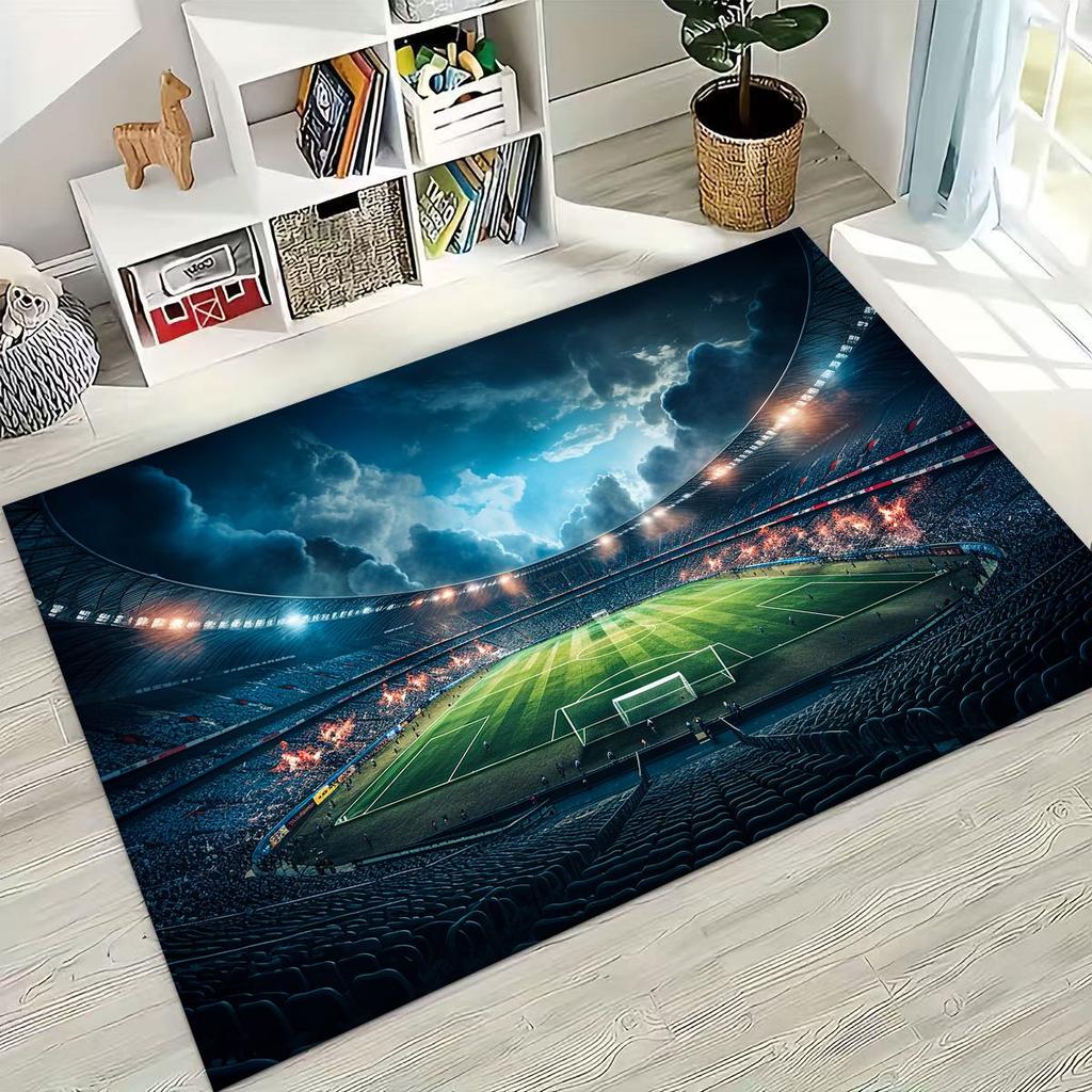 3D Grüner Schwarzer Fußballfeld Stadion Teppich für Schlafzimmer Wohnzimmer Sofa Zuhause Fußabtreter Dekor, Größere Kinder Spiel Rutschfeste Bodenmatte