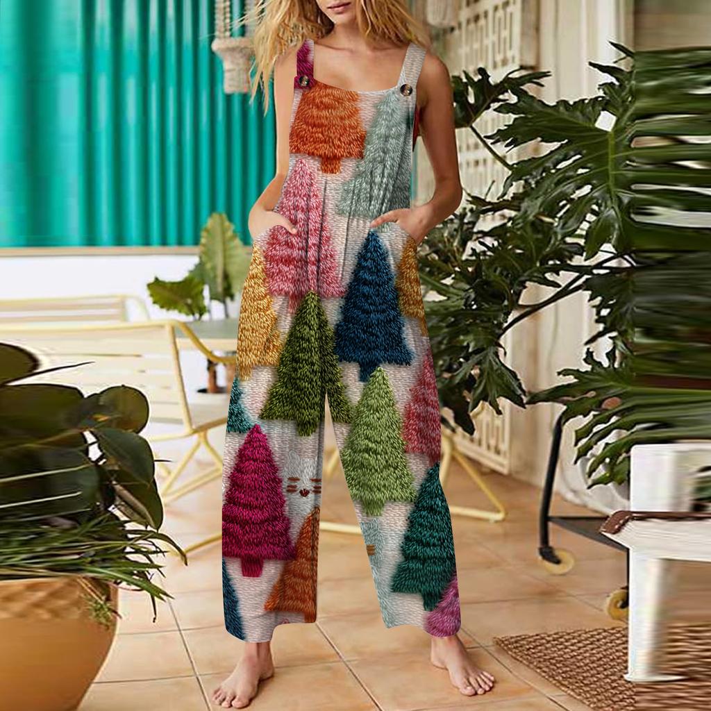 Women's Casual Jumpsuit Sleeveless Christmas Printed Cotton Jumpsuit