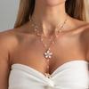 Temperament Pink Oil-dripping Flower Pendant Imitation Pearl Chain Y Shaped Collar Layered Necklace for Women Vacation Jewelry