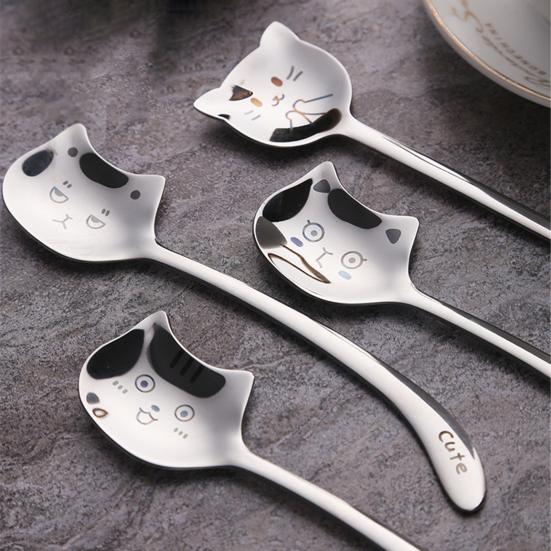 Cat Face Coffee Spoon, 304 Stainless Steel Cute Hanging Spoon with Curved Tail, Long Handle, Stirring Spoon for Mug Cup, Coffee Milk Tea Dessert Gift