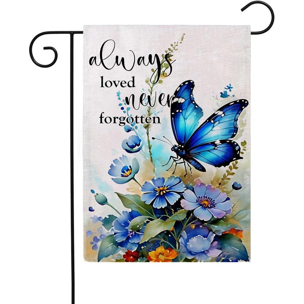 Butterfly Flowers Garden Flag Always Loved Never Forgotten Memorial Garden Flag Double Sided Spring Summer Yard Flags for Outdoor Seasonal Porch Lawn