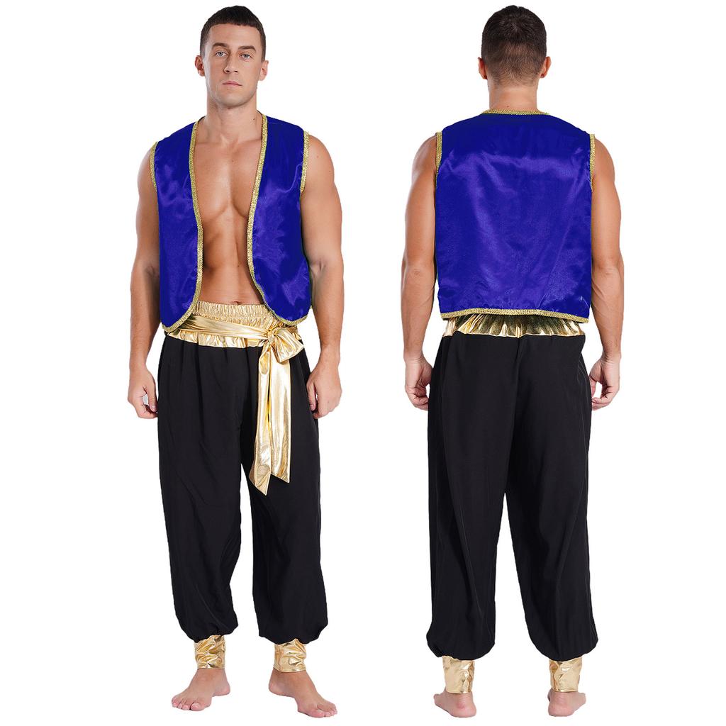 Men's Arabian Prince Cosplay Halloween Costume Sleeveless Vest with Long Pants Outfit