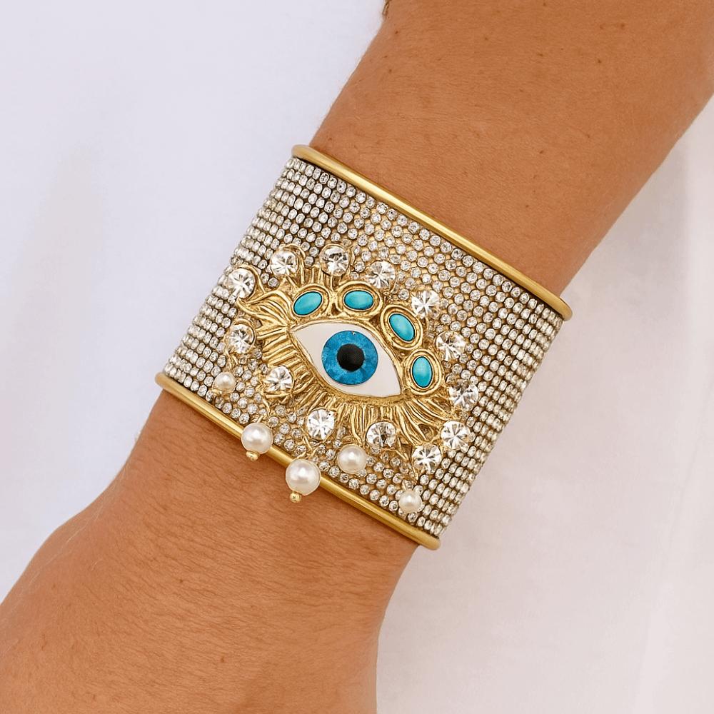 Full Rhinestone Demon's Eye Bracelets Metal Geometric Cuff Bangles  Decoration