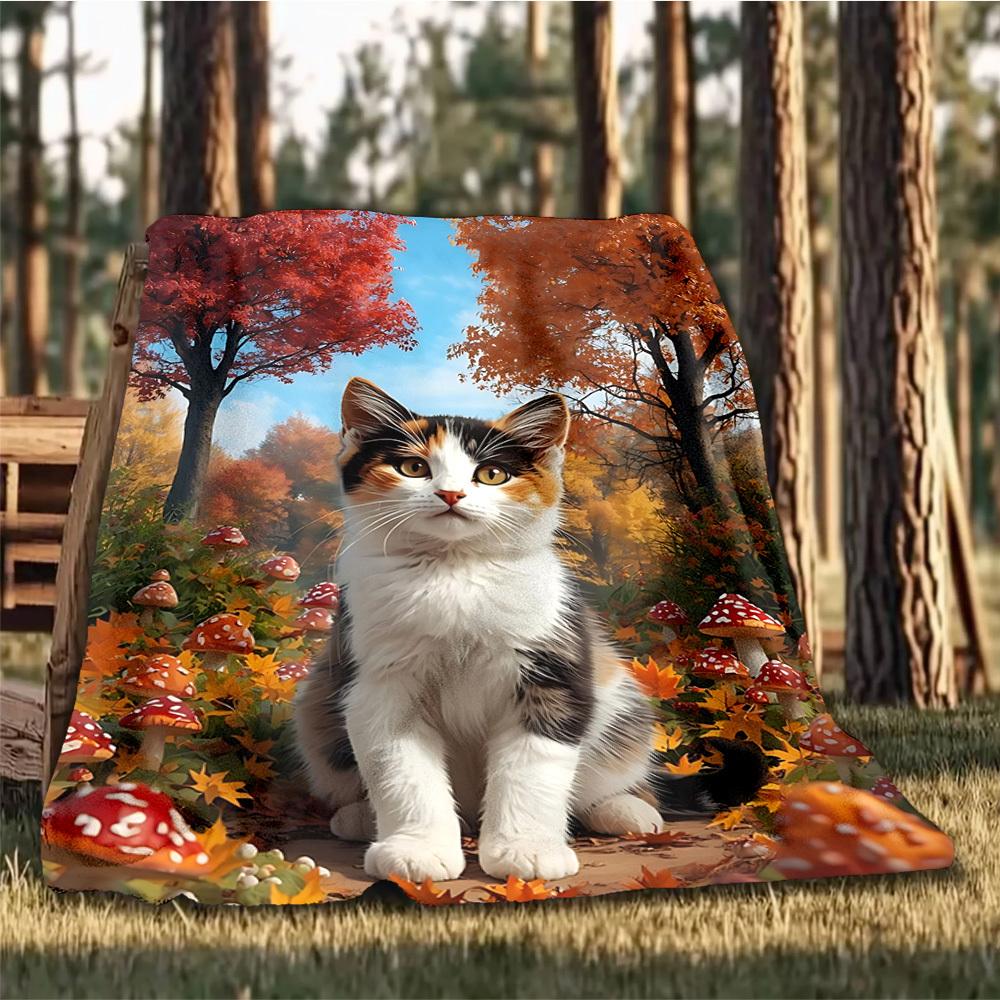 1pc Autumn Forest Cat Print Outdoor Soft Polyester Flannel Throw Blanket Versatile for All Seasons , Soft , Cozy , Warm All Season Quilted Throw ,