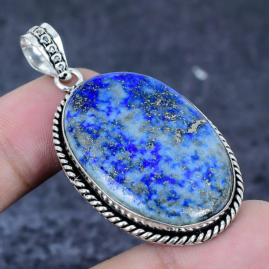 Natural Lapis Lazuli Gemstone 925 Sterling Silver Jewelry Pendant 2.09" d1Z84