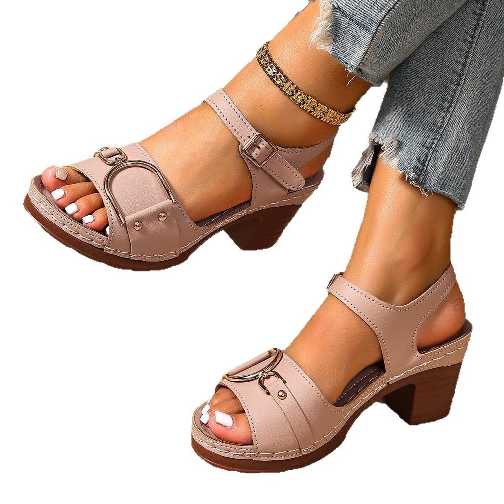European and American Thick-heeled Sandals for Women's Outer Wear 2025 Summer New Large-size High-heeled Sandals for Women's Foreign Trade Casu