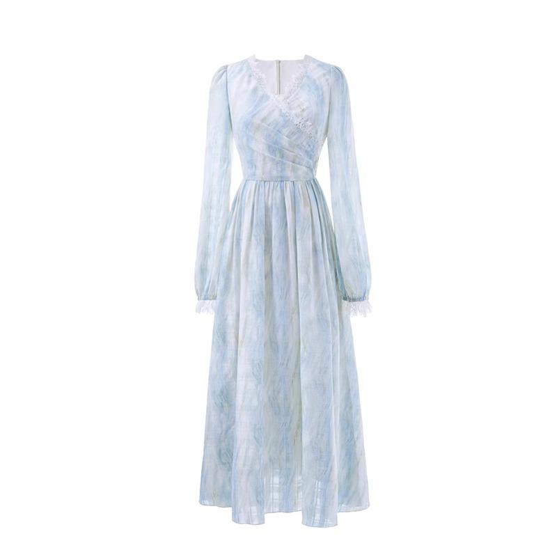 Rochie albastră cu dantelă, cu mâneci lungi, în stil franțuzesc, vopsită prin tehnica tie-dye, pentru femei