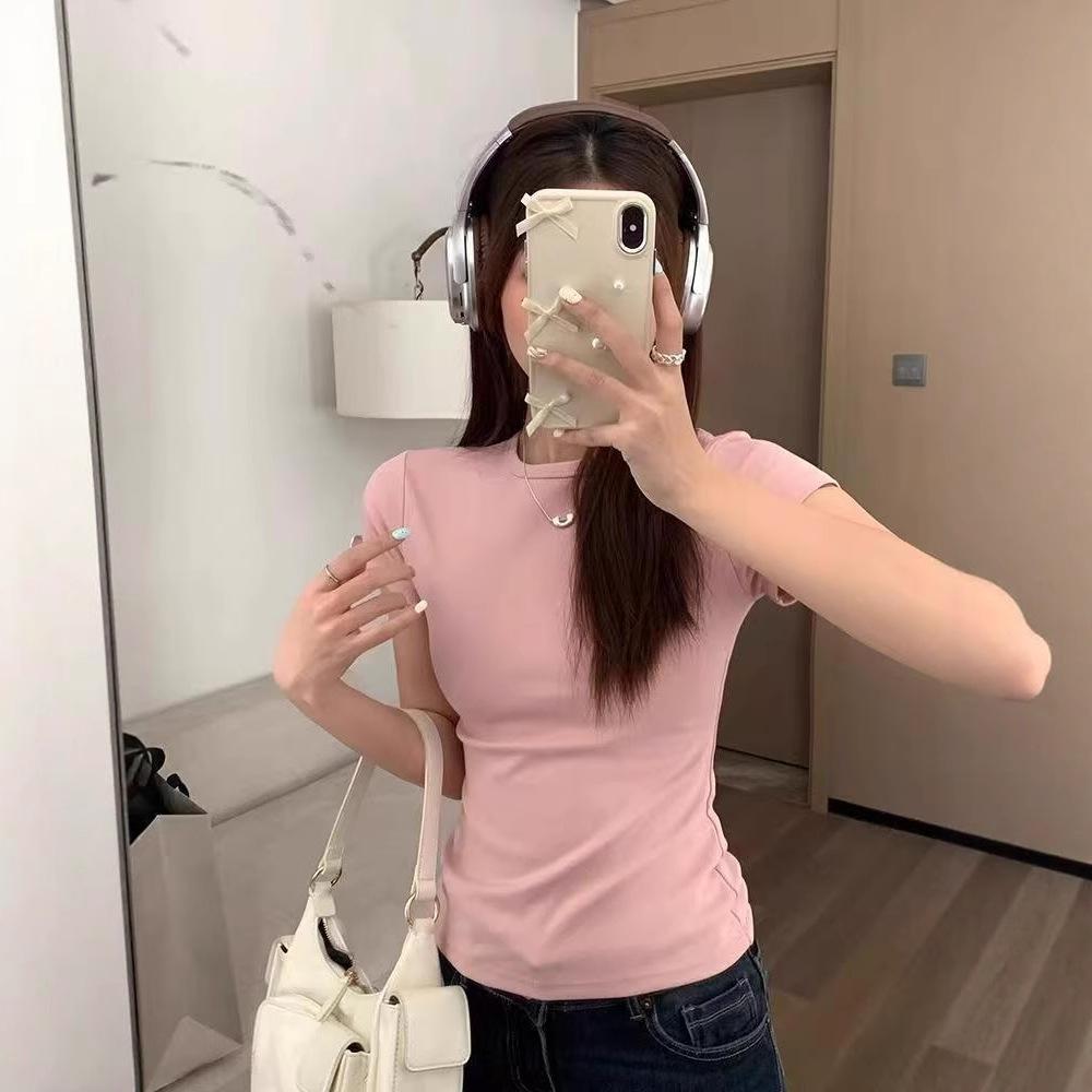 Shoulder Pinch Waist Slim Short-sleeved T-shirt Women's Summer New Korean Casual Bottoming Shirt Women's Top