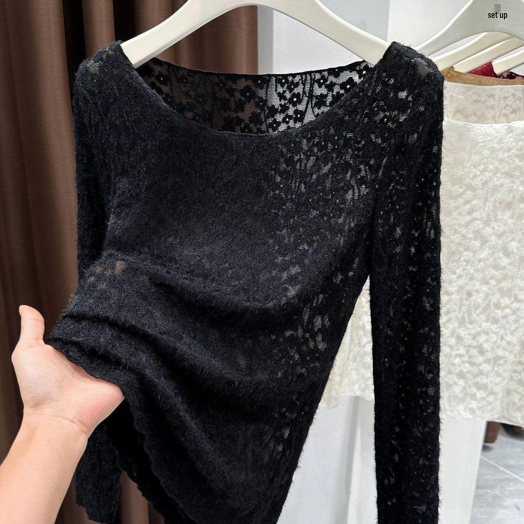 Women's Sexy Lace Hollow-Out Long-Sleeve Slim-Fit Top for Autumn/Winter
