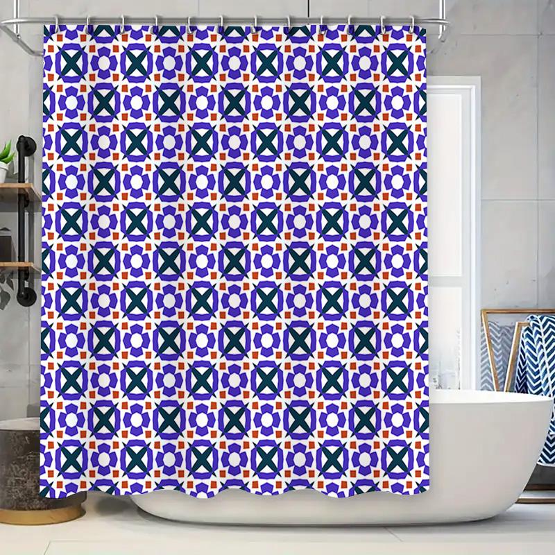 

Modern Geometric Bathroom Shower Curtain Sets Made From Waterproof Polyester Fabric In Blue, Green And Orange Colors W60H190(CM)-1 Pcs