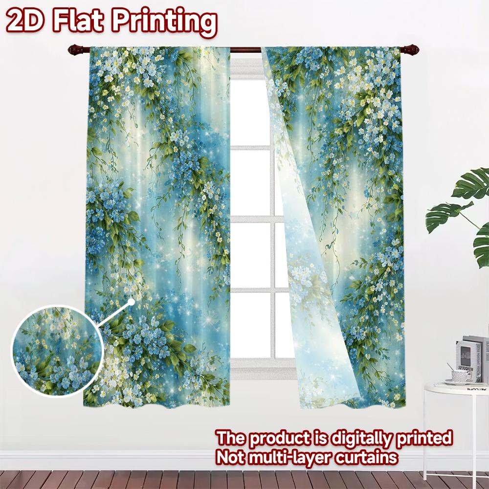 2D FLAT PRINTING 2pcs Curtains (Without Rod) Floral Blue Vines Chic Creative Curtains Polyester Curtains Room Decor Ldeal for